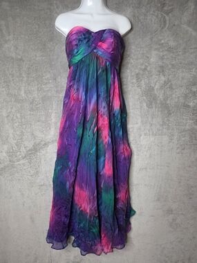La Femme Paris 100% Silk Vintage Y2K Multicolor Abstract Strapless Maxi Dress